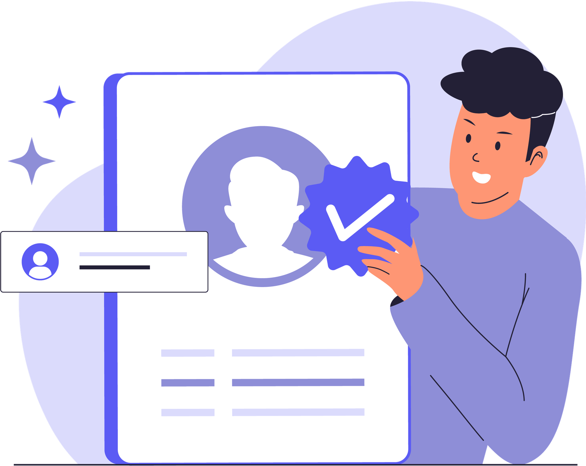 Person holding verified badge beside online profile